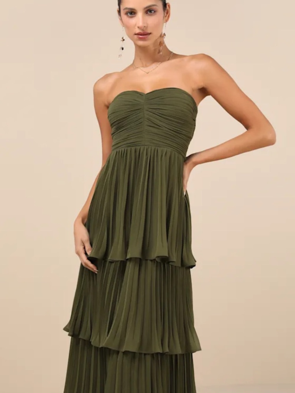Lulu's Olive Tiered Pleated Maxi Dress